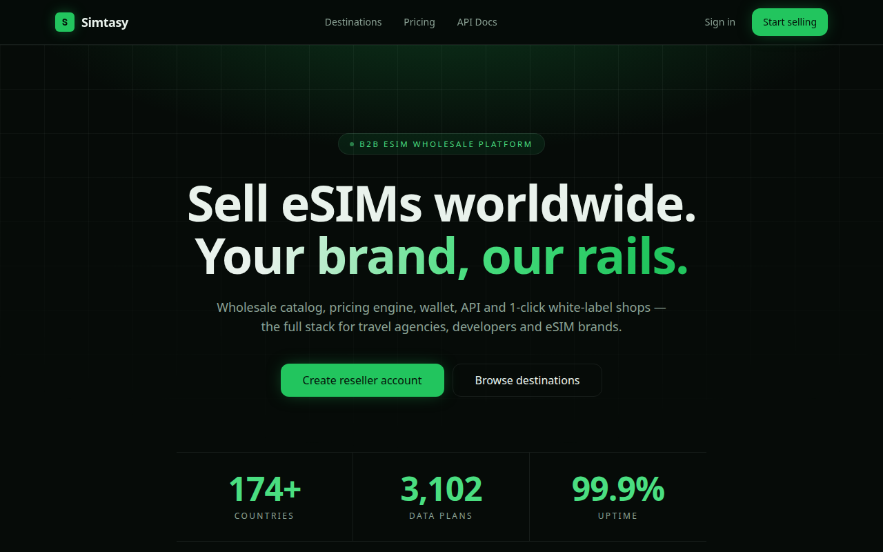 Startseite von Simtasy, B2B-Plattform für eSIM-Wholesale